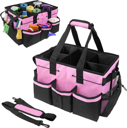 Large Cleaning Caddy Bag with Handle, Built-in Sturdy Support Board, Adjustable Shoulder Strap, Multi-compartment Design Cleaning Supply Tote for Cleaners & Housekeepers (Pink)
