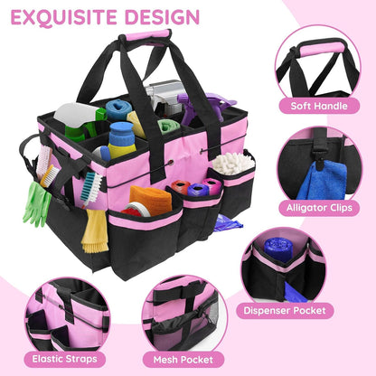 Large Cleaning Caddy Bag with Handle, Built-in Sturdy Support Board, Adjustable Shoulder Strap, Multi-compartment Design Cleaning Supply Tote for Cleaners & Housekeepers (Pink)
