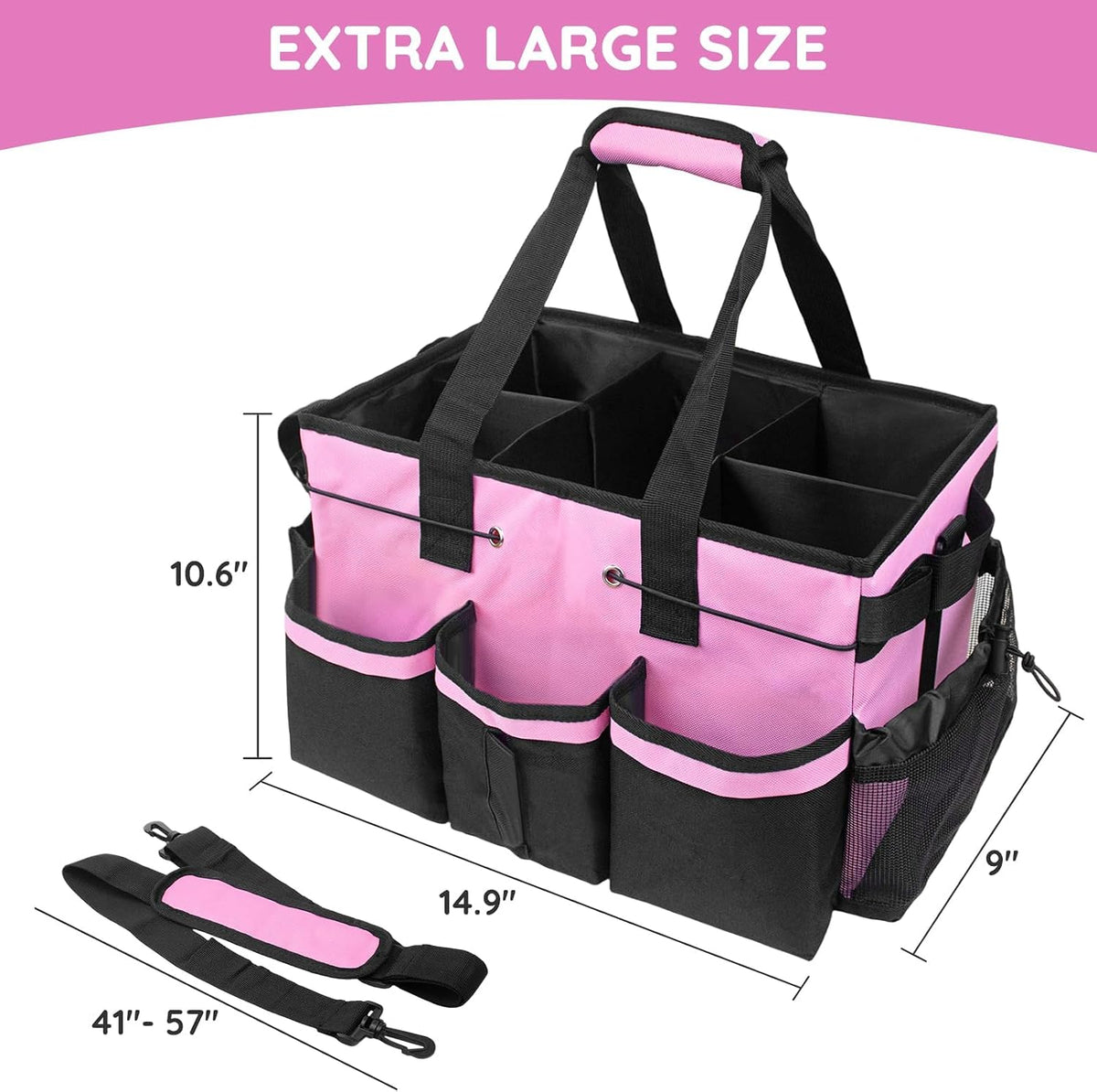 Large Cleaning Caddy Bag with Handle, Built-in Sturdy Support Board, Adjustable Shoulder Strap, Multi-compartment Design Cleaning Supply Tote for Cleaners & Housekeepers (Pink)