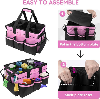 Large Cleaning Caddy Bag with Handle, Built-in Sturdy Support Board, Adjustable Shoulder Strap, Multi-compartment Design Cleaning Supply Tote for Cleaners & Housekeepers (Pink)