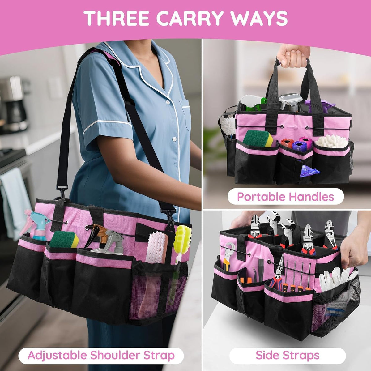 Large Cleaning Caddy Bag with Handle, Built-in Sturdy Support Board, Adjustable Shoulder Strap, Multi-compartment Design Cleaning Supply Tote for Cleaners & Housekeepers (Pink)