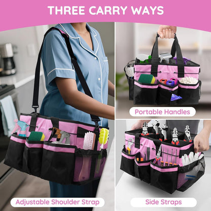 Large Cleaning Caddy Bag with Handle, Built-in Sturdy Support Board, Adjustable Shoulder Strap, Multi-compartment Design Cleaning Supply Tote for Cleaners & Housekeepers (Pink)