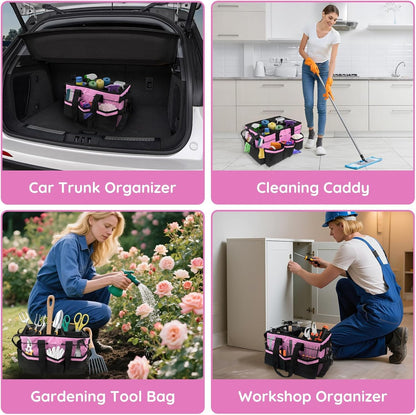 Large Cleaning Caddy Bag with Handle, Built-in Sturdy Support Board, Adjustable Shoulder Strap, Multi-compartment Design Cleaning Supply Tote for Cleaners & Housekeepers (Pink)