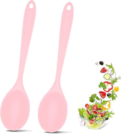 2 Pcs Silicone Nonstick Mixing Spoon,10.6Inch Silicone Spoons for Cooking Heat Resistant, Cooking Utensil for Kitchen Cooking Baking Stirring Serving (Pink)