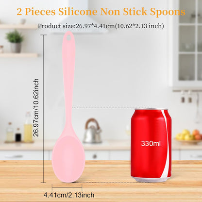 2 Pcs Silicone Nonstick Mixing Spoon,10.6Inch Silicone Spoons for Cooking Heat Resistant, Cooking Utensil for Kitchen Cooking Baking Stirring Serving (Pink)