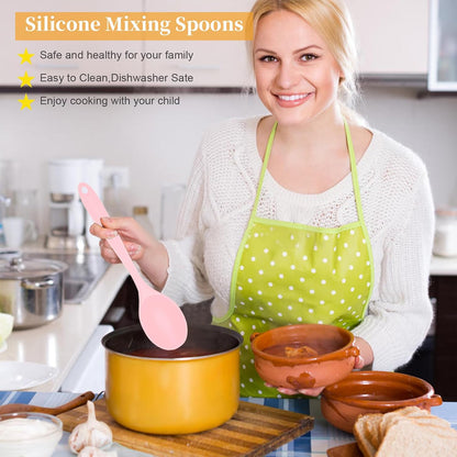2 Pcs Silicone Nonstick Mixing Spoon,10.6Inch Silicone Spoons for Cooking Heat Resistant, Cooking Utensil for Kitchen Cooking Baking Stirring Serving (Pink)