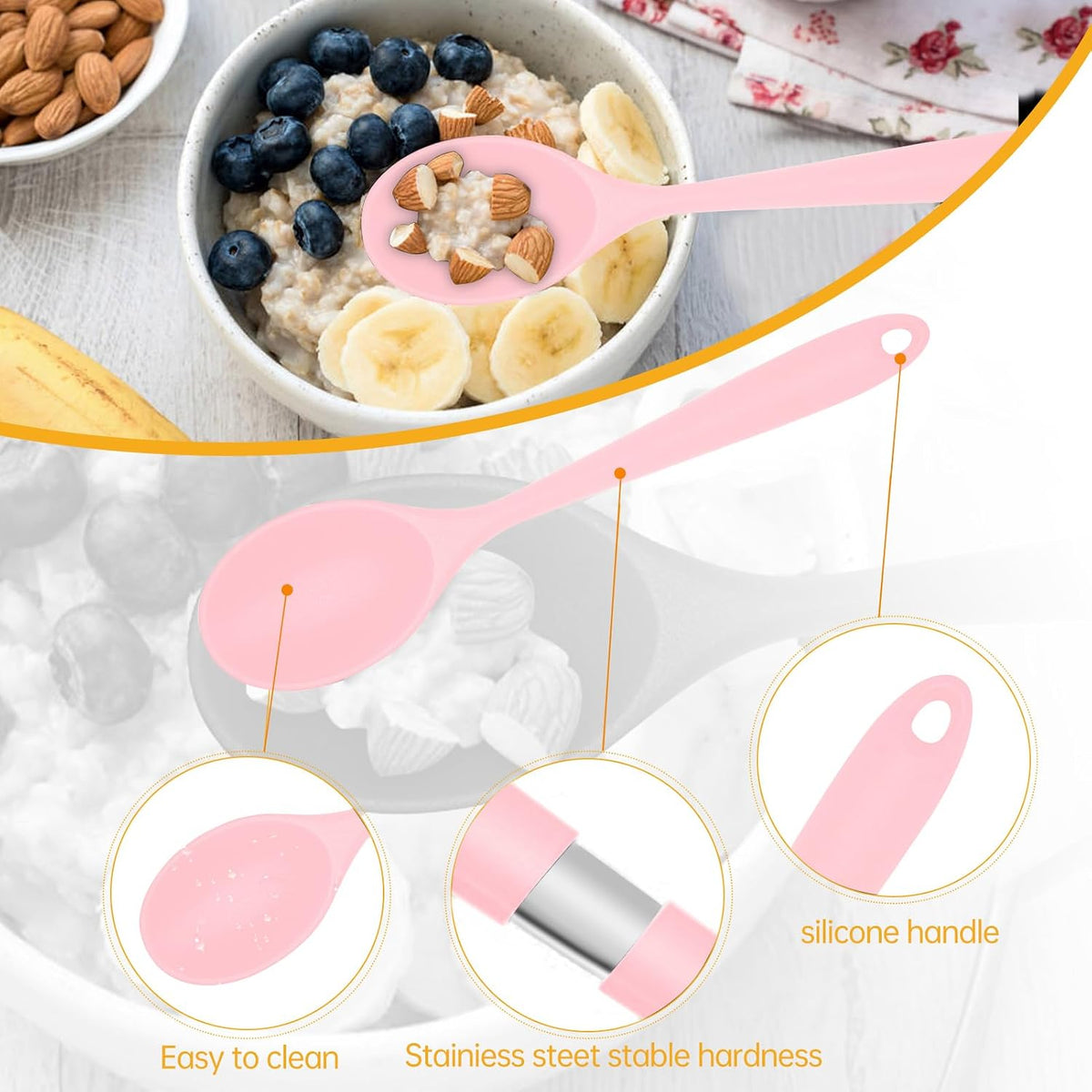 2 Pcs Silicone Nonstick Mixing Spoon,10.6Inch Silicone Spoons for Cooking Heat Resistant, Cooking Utensil for Kitchen Cooking Baking Stirring Serving (Pink)