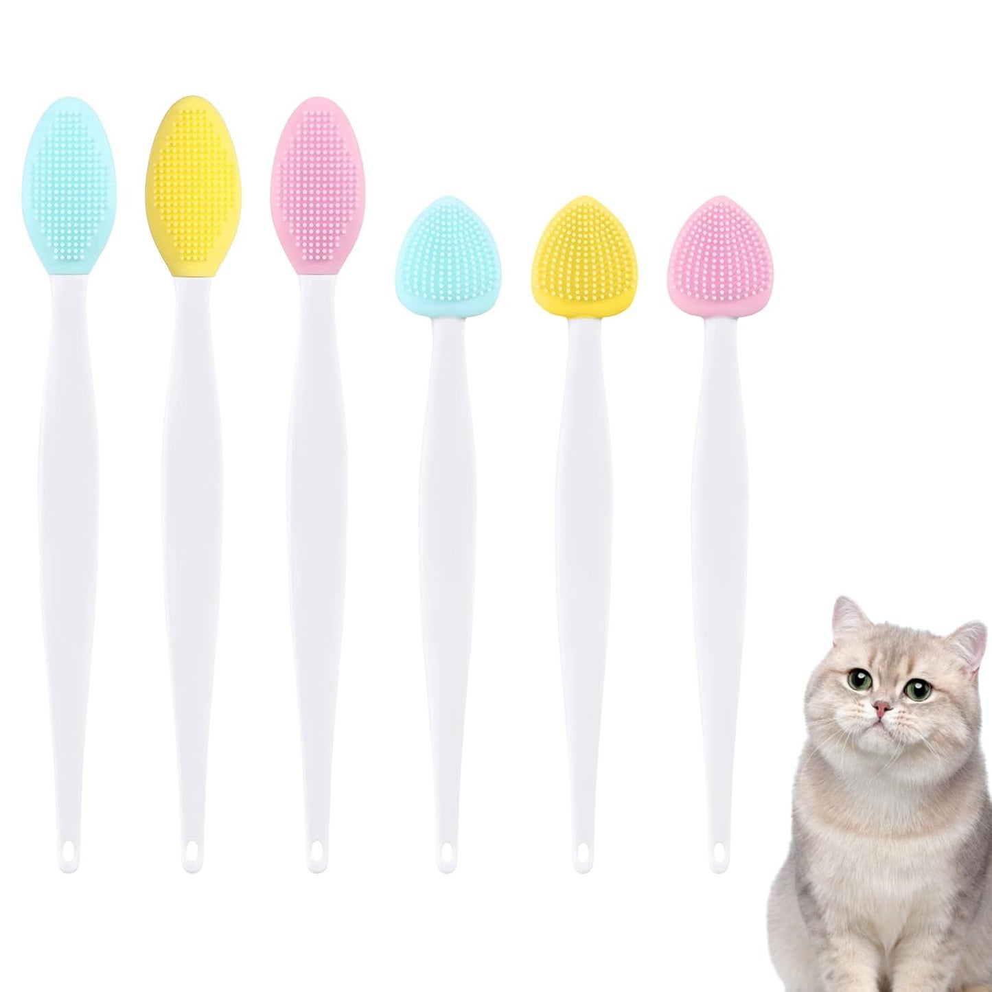 6 Pcs Cat Acne Brush Set Cat Acne Chin Treatment Pet Black Seed Brush Silicone Double-Sided Grooming Brushes for Treatment Cleaning Blackhead Exfoliation Yellow Pink Green
