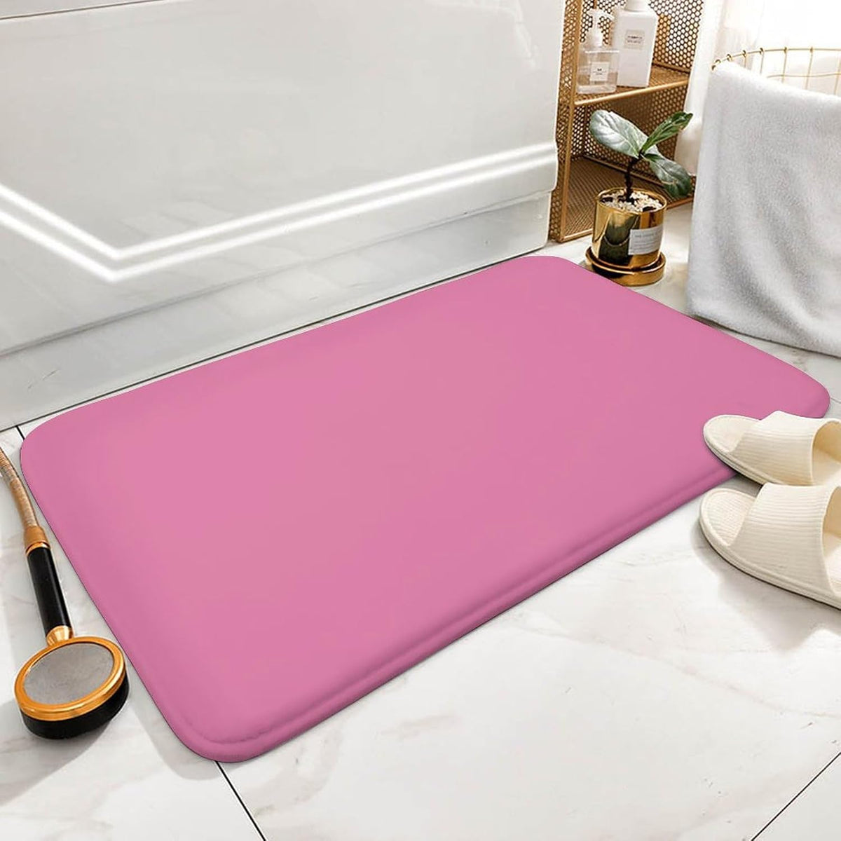 Pink Solid Color Elegant Modern Bathroom Rug, Non Slip & Soft Absorbent Bath Mat Carpets for Bathroom 16" x 24"