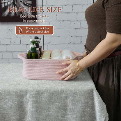 Medium Woven Cotton Rope Storage Basket with Handles, Light Pink