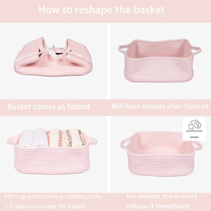 Medium Woven Cotton Rope Storage Basket with Handles, Light Pink