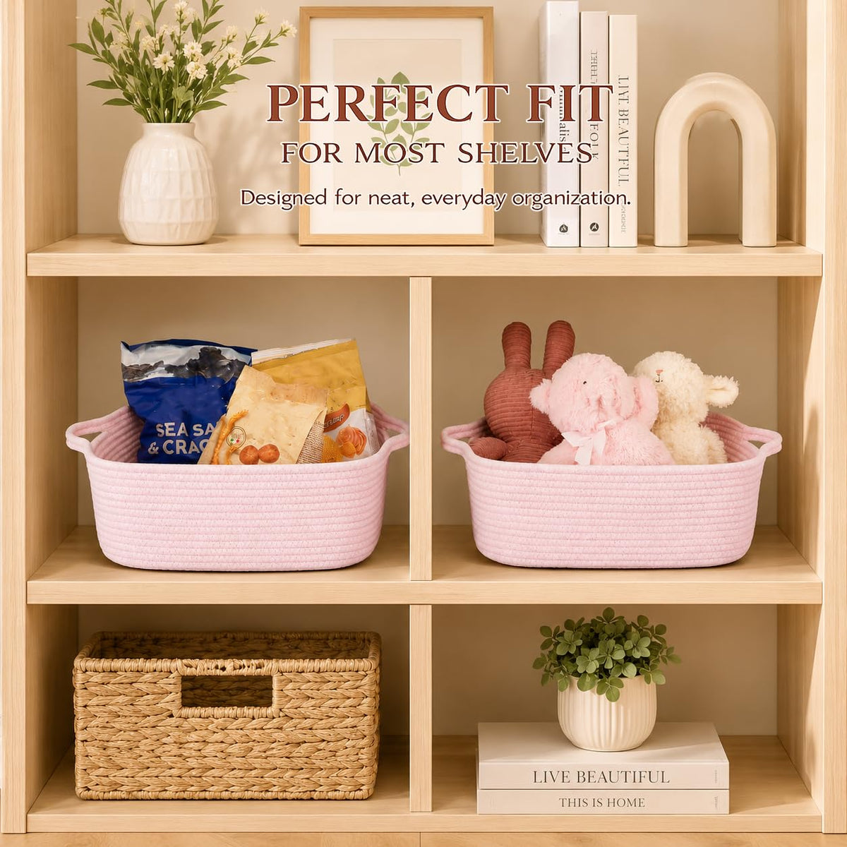 Medium Woven Cotton Rope Storage Basket with Handles, Light Pink