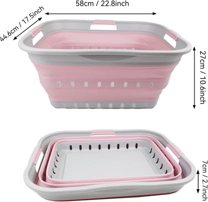 42L (11 gallon) Collapsible Plastic Laundry Basket - Foldable Pop Up Storage Container/Organizer - Portable Washing Tub - Space Saving Hamper/Basket (Grey/Pale Pink)