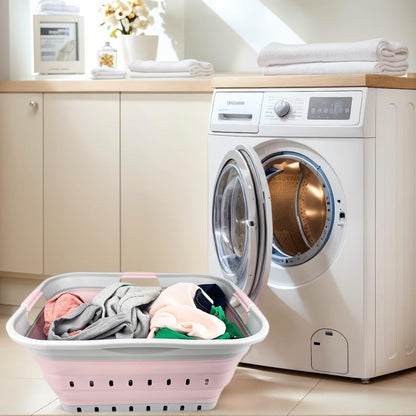 42L (11 gallon) Collapsible Plastic Laundry Basket - Foldable Pop Up Storage Container/Organizer - Portable Washing Tub - Space Saving Hamper/Basket (Grey/Pale Pink)