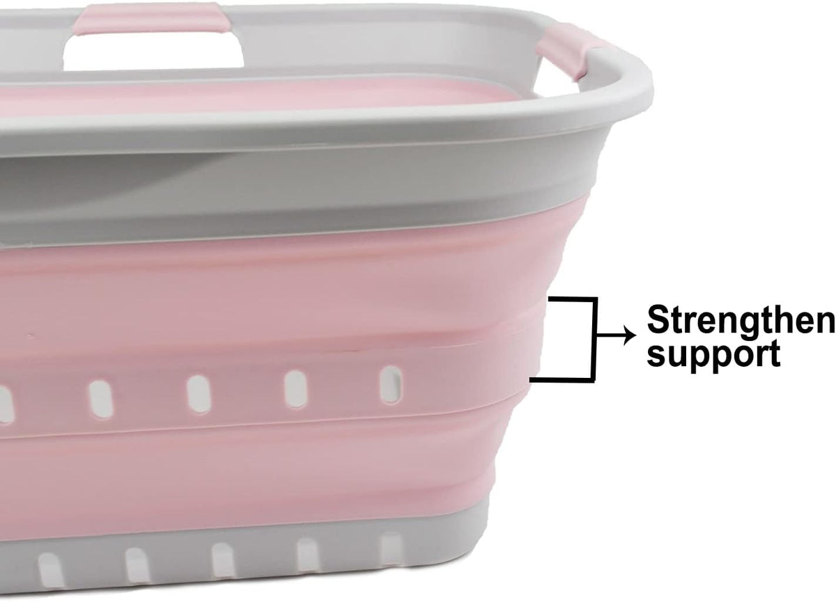 42L (11 gallon) Collapsible Plastic Laundry Basket - Foldable Pop Up Storage Container/Organizer - Portable Washing Tub - Space Saving Hamper/Basket (Grey/Pale Pink)
