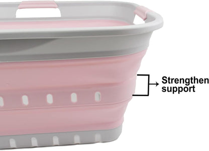 42L (11 gallon) Collapsible Plastic Laundry Basket - Foldable Pop Up Storage Container/Organizer - Portable Washing Tub - Space Saving Hamper/Basket (Grey/Pale Pink)