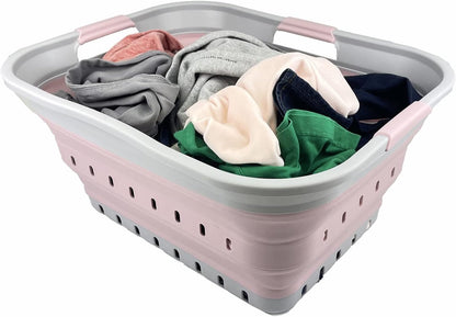 42L (11 gallon) Collapsible Plastic Laundry Basket - Foldable Pop Up Storage Container/Organizer - Portable Washing Tub - Space Saving Hamper/Basket (Grey/Pale Pink)