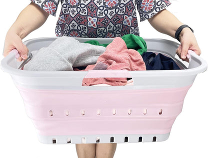 42L (11 gallon) Collapsible Plastic Laundry Basket - Foldable Pop Up Storage Container/Organizer - Portable Washing Tub - Space Saving Hamper/Basket (Grey/Pale Pink)