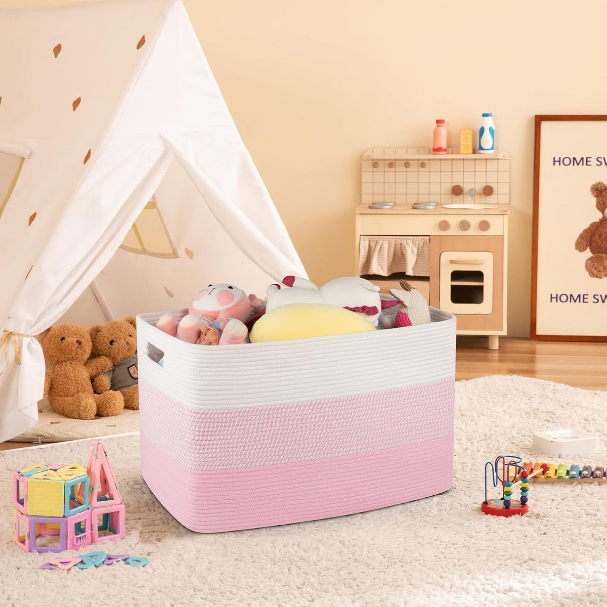 OIAHOMY 108L Extra Large Blanket Basket Dog Toy Basket Pink&White