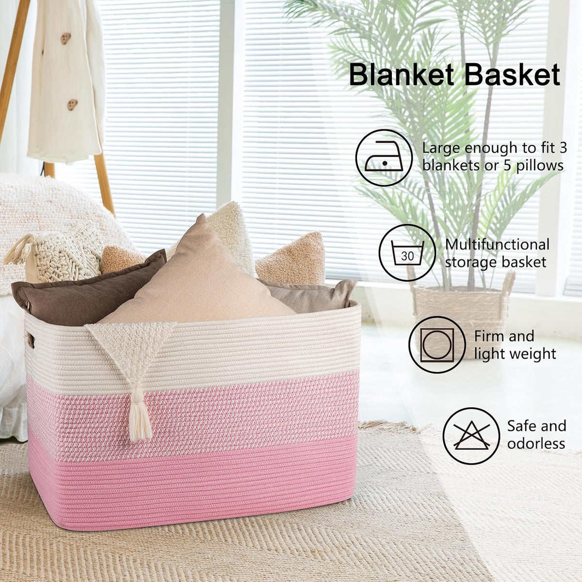 OIAHOMY 108L Extra Large Blanket Basket Dog Toy Basket Pink&White