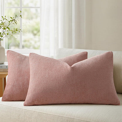 Pack of 2 Decorative Chenille Throw Pillow Covers with Twill Cushion Covers for Sofa Living Room Couch Bed 12x20 Inch Blush Pink