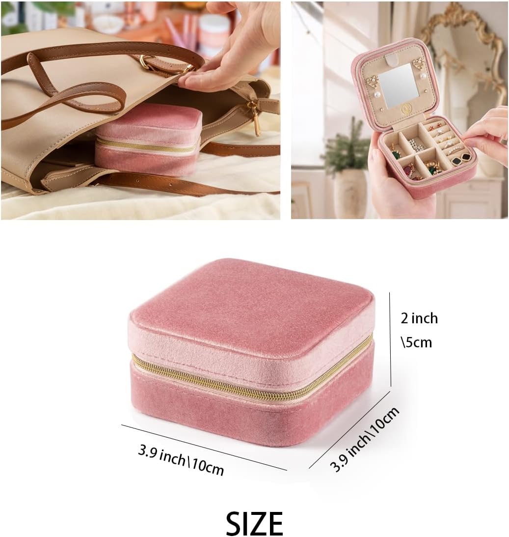 Plush Velvet Travel Jewelry Case, Travel Jewelry Organizer, Jewelry Travel Case, Travel Jewelry Box, Small Jewelry Case for Women, Jewelry Travel Box, Earring Organizer with Mirror - Pink