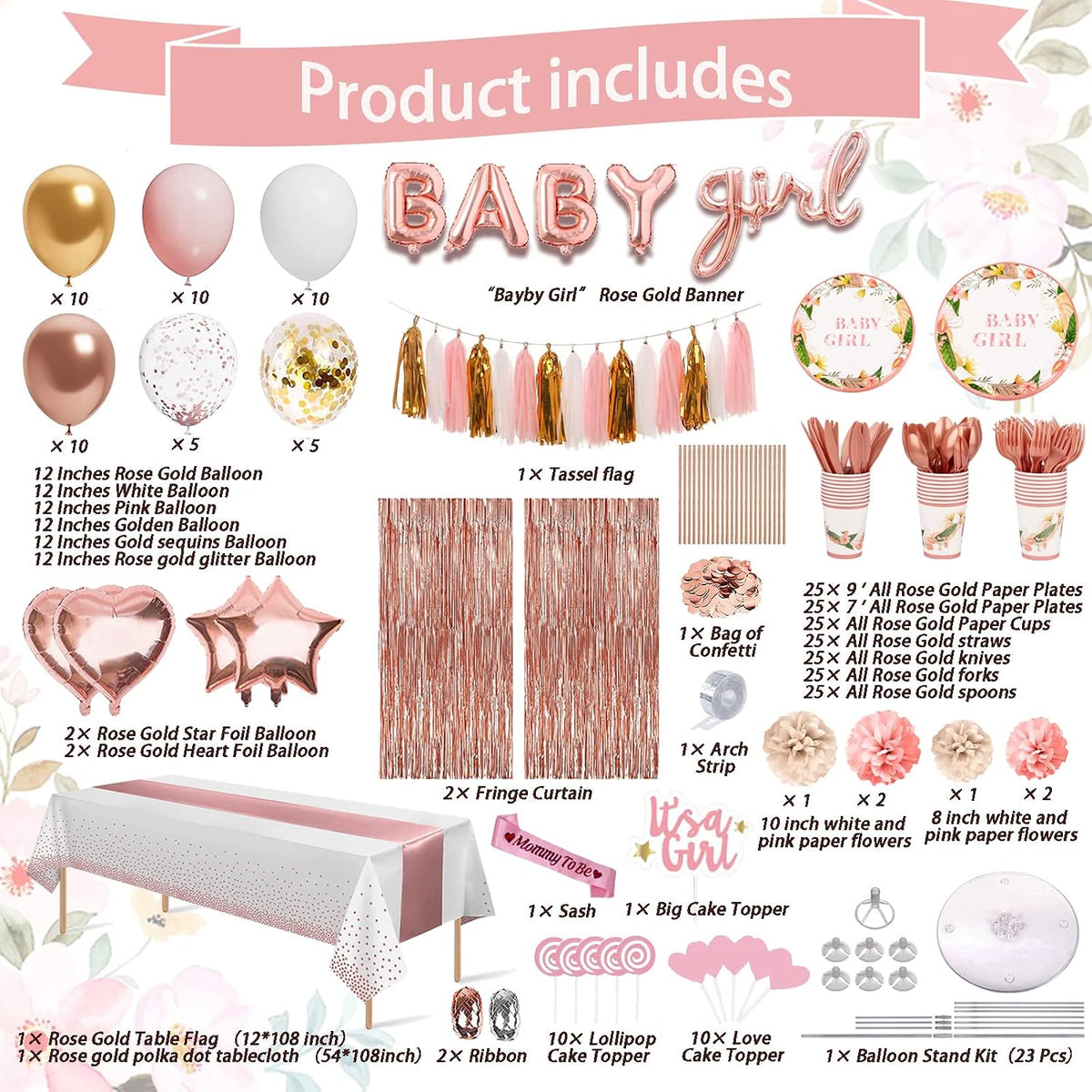 303 Pcs Baby Shower Decorations For Girl, Girl Baby Shower Decorations Kits - Disposable Dinnerware Set With Pink Rose Gold Floral (25 Guest), "BABY girl" Banner, Balloon, Sash, Cake Topper