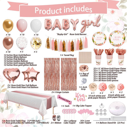 303 Pcs Baby Shower Decorations For Girl, Girl Baby Shower Decorations Kits - Disposable Dinnerware Set With Pink Rose Gold Floral (25 Guest), "BABY girl" Banner, Balloon, Sash, Cake Topper