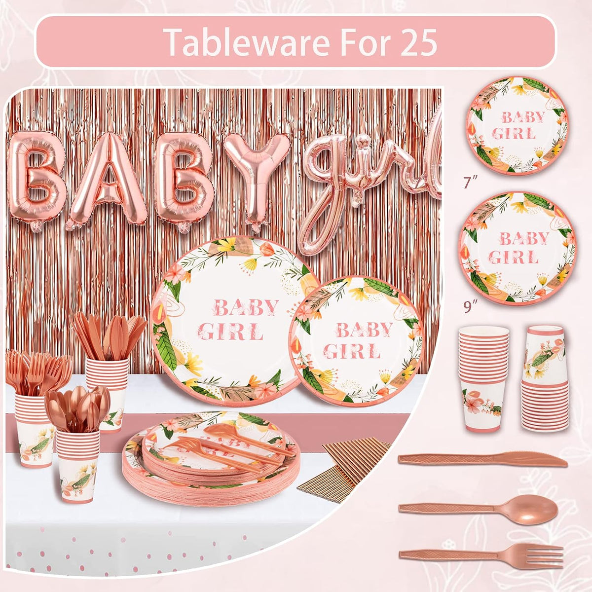 303 Pcs Baby Shower Decorations For Girl, Girl Baby Shower Decorations Kits - Disposable Dinnerware Set With Pink Rose Gold Floral (25 Guest), "BABY girl" Banner, Balloon, Sash, Cake Topper