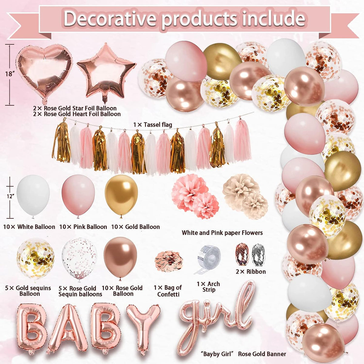 303 Pcs Baby Shower Decorations For Girl, Girl Baby Shower Decorations Kits - Disposable Dinnerware Set With Pink Rose Gold Floral (25 Guest), "BABY girl" Banner, Balloon, Sash, Cake Topper