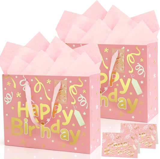 13’’ Pink Gift Bags with Tissue Paper and Greeting Card, 2 PCS Large Light Pink and Gold Foil Happy Birthday Gift Bag Set for Girls Women, Portable Paper Present Bags for Birthday Party, 13x10x5 Inch