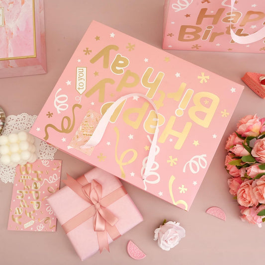 13’’ Pink Gift Bags with Tissue Paper and Greeting Card, 2 PCS Large Light Pink and Gold Foil Happy Birthday Gift Bag Set for Girls Women, Portable Paper Present Bags for Birthday Party, 13x10x5 Inch