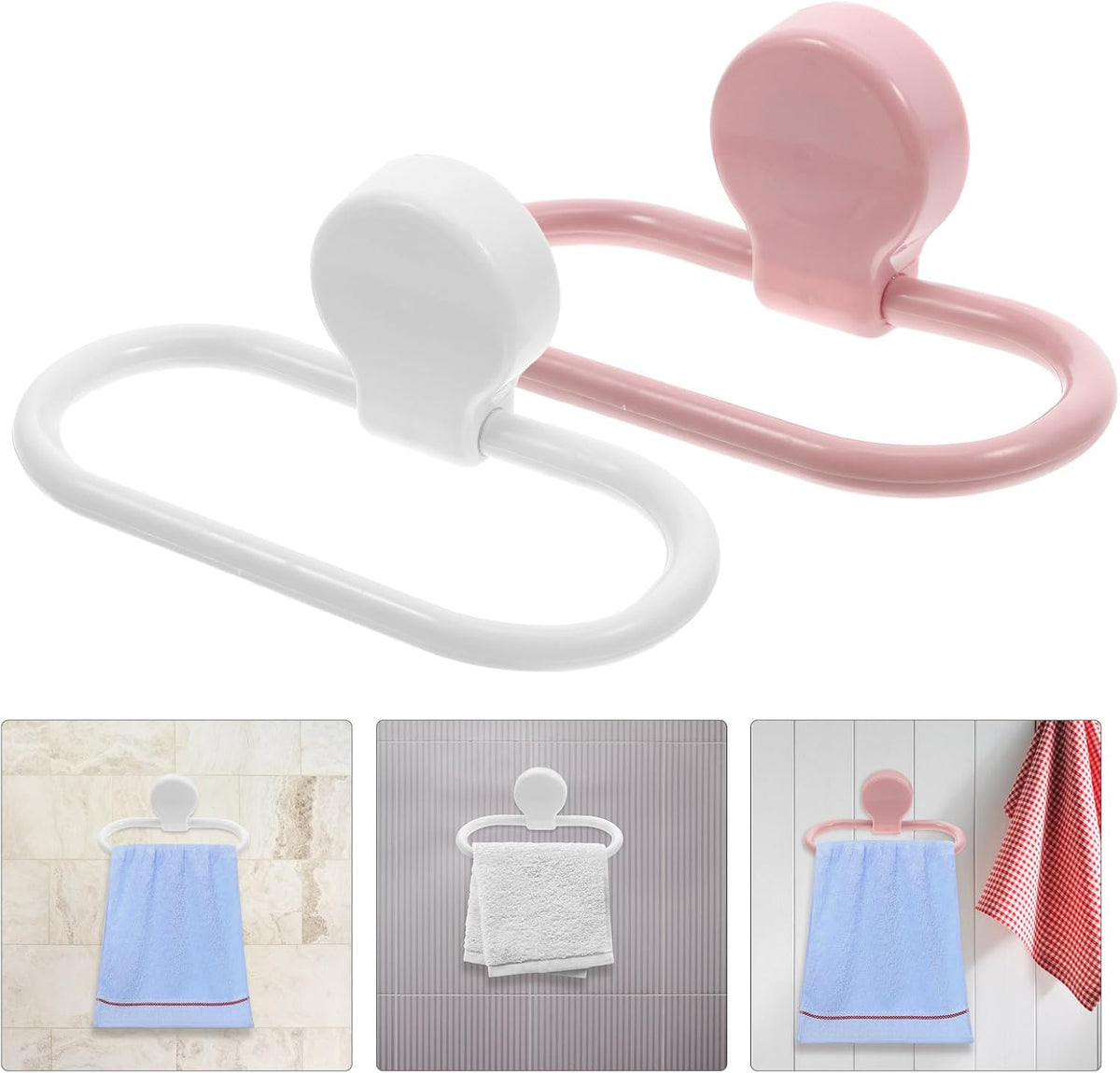 2pcs Adhesive Towel Rings Wall Mounted Bathroom Kitchen Towel Holder Rack Space Saving for Home Decor Pink and White