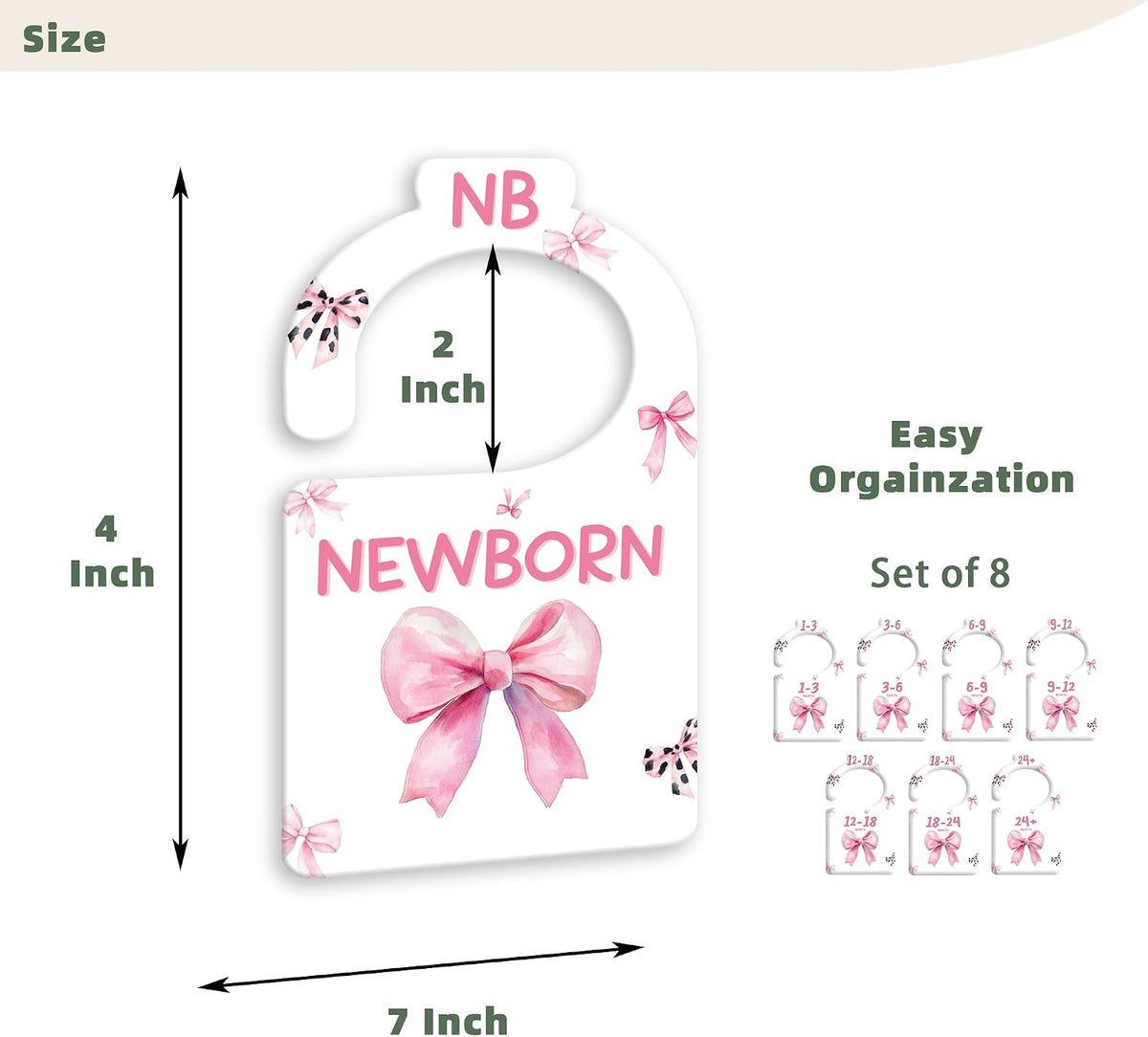 JMOST Pink Bows Baby Closet Dividers for Nursery Closet Organizer, Newborn to 24 Months Size Clothes, Hangers with Size Dividers, Double Sided