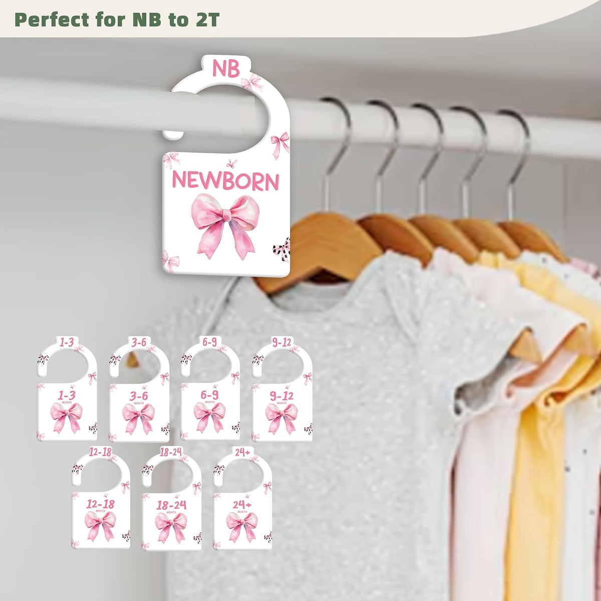 JMOST Pink Bows Baby Closet Dividers for Nursery Closet Organizer, Newborn to 24 Months Size Clothes, Hangers with Size Dividers, Double Sided