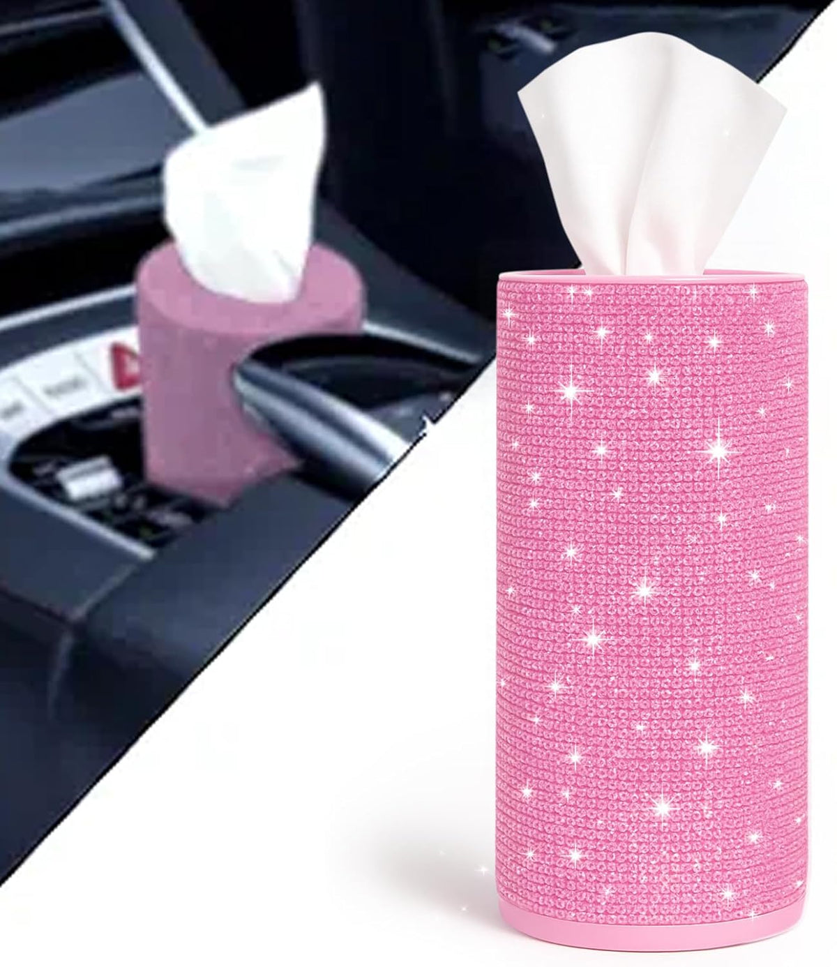 Bling Car Tissue Holder for Cup Holder – Sparkly Rhinestone Round Tissue Dispenser with 1 Pack Tissues – Fits Standard Auto Cup Holders – Stylish Car Interior Accessory for Women(Pink)