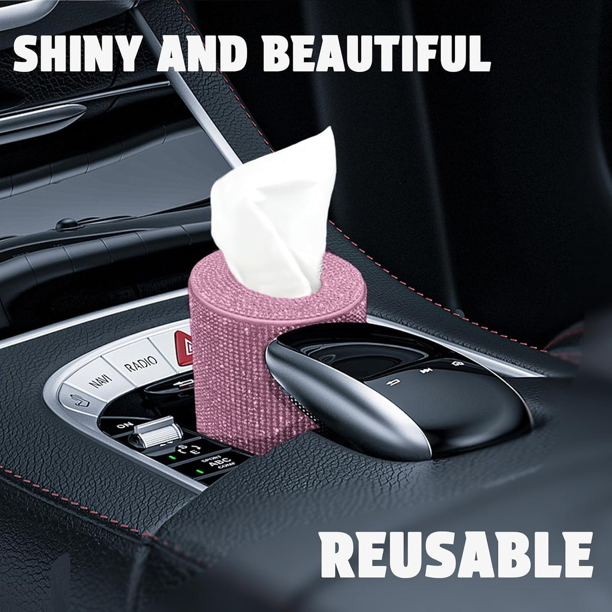 Bling Car Tissue Holder for Cup Holder – Sparkly Rhinestone Round Tissue Dispenser with 1 Pack Tissues – Fits Standard Auto Cup Holders – Stylish Car Interior Accessory for Women(Pink)