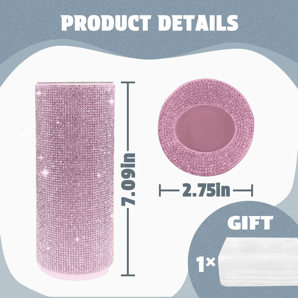Bling Car Tissue Holder for Cup Holder – Sparkly Rhinestone Round Tissue Dispenser with 1 Pack Tissues – Fits Standard Auto Cup Holders – Stylish Car Interior Accessory for Women(Pink)