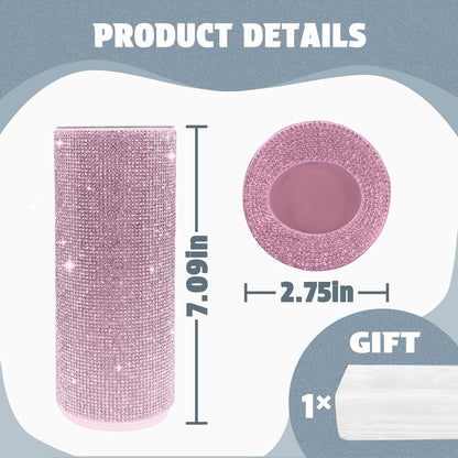 Bling Car Tissue Holder for Cup Holder – Sparkly Rhinestone Round Tissue Dispenser with 1 Pack Tissues – Fits Standard Auto Cup Holders – Stylish Car Interior Accessory for Women(Pink)