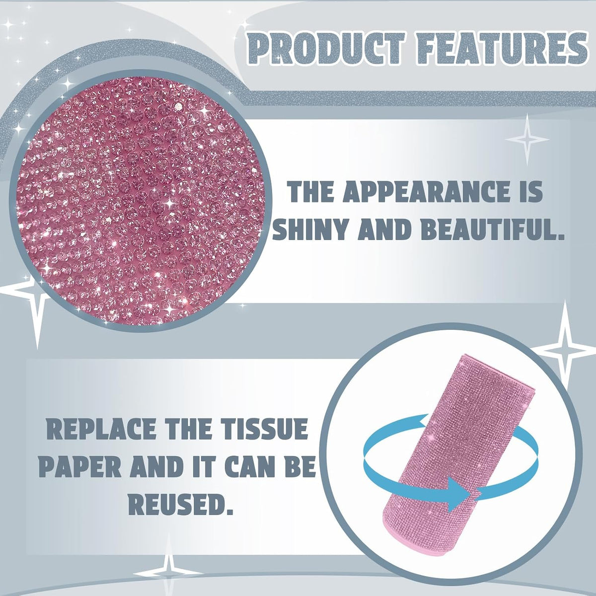 Bling Car Tissue Holder for Cup Holder – Sparkly Rhinestone Round Tissue Dispenser with 1 Pack Tissues – Fits Standard Auto Cup Holders – Stylish Car Interior Accessory for Women(Pink)