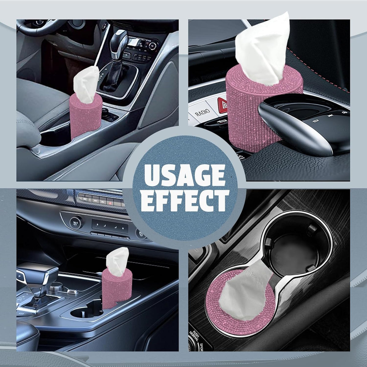 Bling Car Tissue Holder for Cup Holder – Sparkly Rhinestone Round Tissue Dispenser with 1 Pack Tissues – Fits Standard Auto Cup Holders – Stylish Car Interior Accessory for Women(Pink)