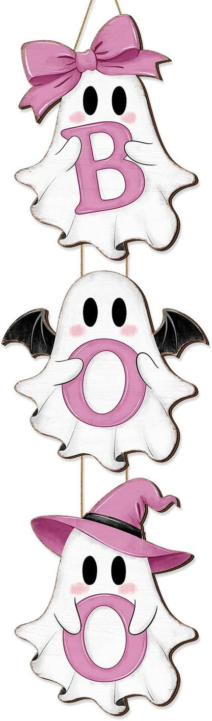 Halloween Pink Ghost Door Sign Decorations, BOO Wreath Hanger 3 Plaques