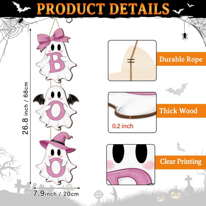 Halloween Pink Ghost Door Sign Decorations, BOO Wreath Hanger 3 Plaques