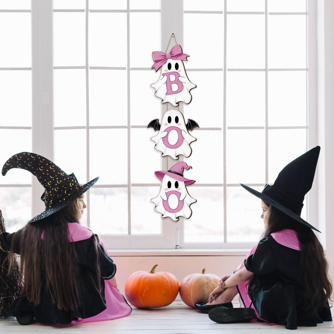 Halloween Pink Ghost Door Sign Decorations, BOO Wreath Hanger 3 Plaques