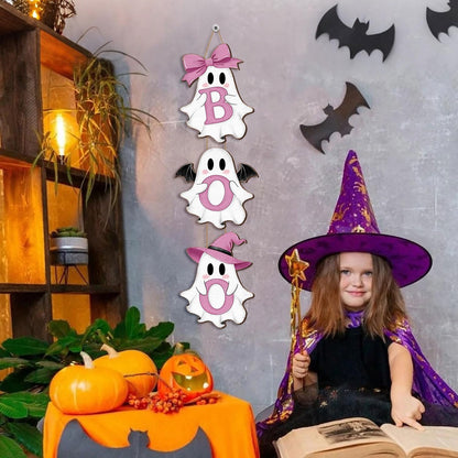 Halloween Pink Ghost Door Sign Decorations, BOO Wreath Hanger 3 Plaques