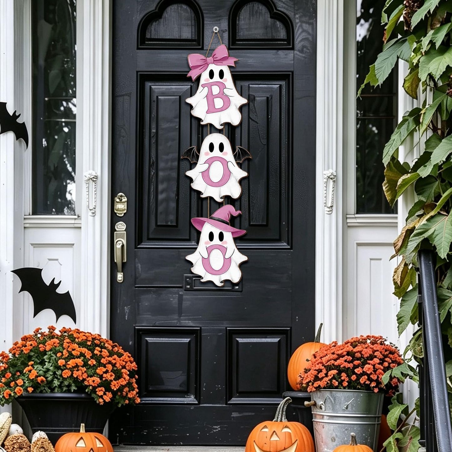 Halloween Pink Ghost Door Sign Decorations, BOO Wreath Hanger 3 Plaques