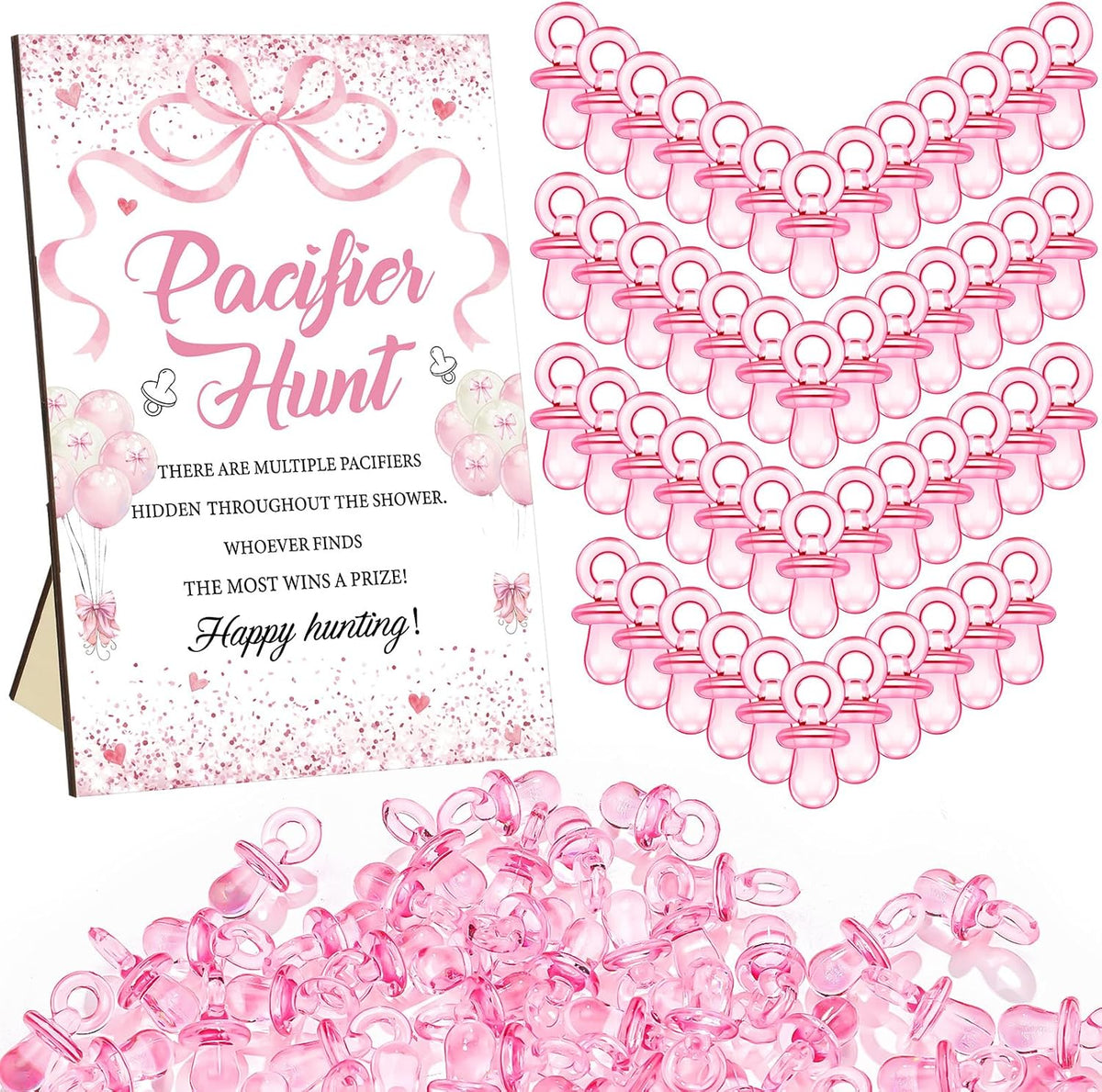 51 Pcs Pink Bow Pacifier Hunt Baby Shower Game Set for Guest