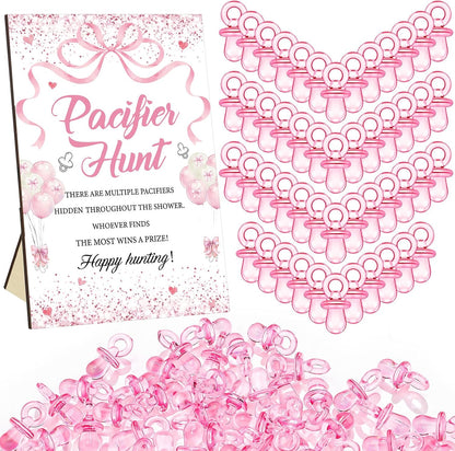51 Pcs Pink Bow Pacifier Hunt Baby Shower Game Set for Guest
