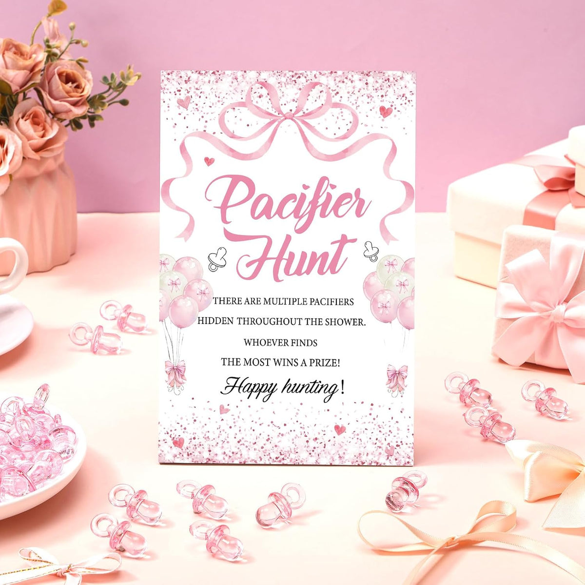 51 Pcs Pink Bow Pacifier Hunt Baby Shower Game Set for Guest