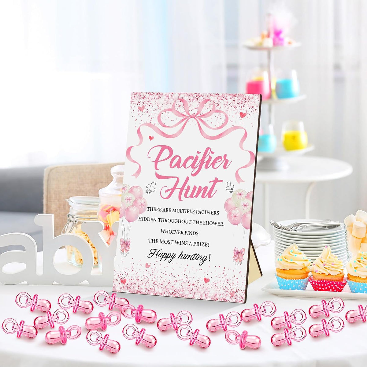 51 Pcs Pink Bow Pacifier Hunt Baby Shower Game Set for Guest